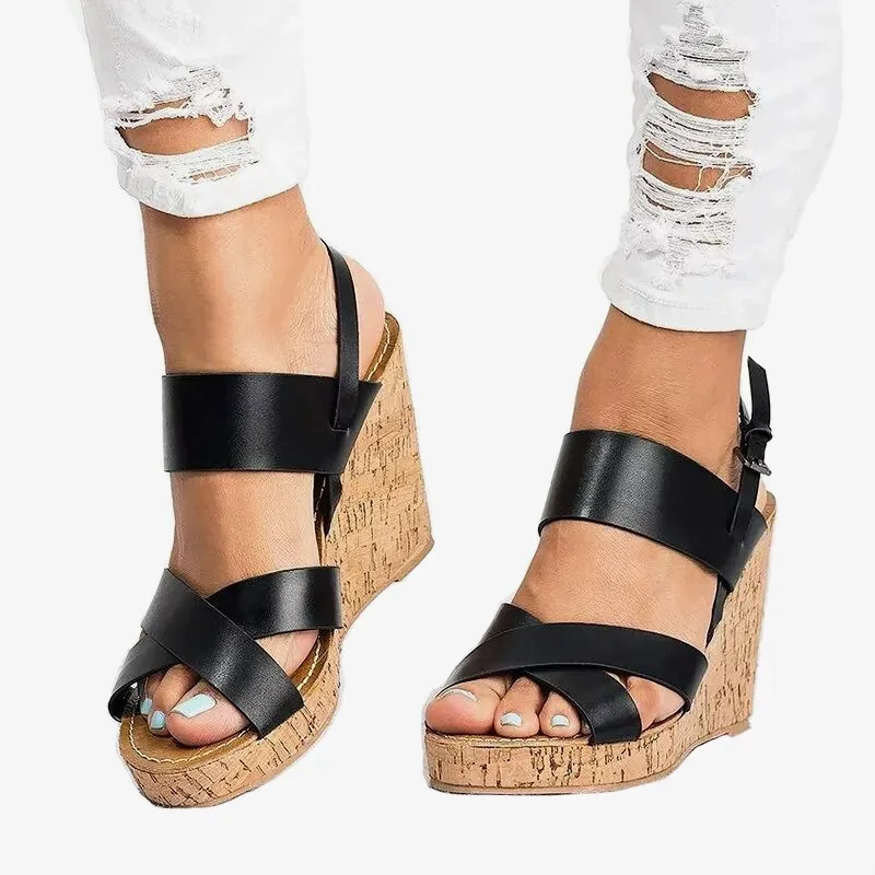 

EOEODOIT Women Gladiator Sandals 2018 Summer Leather Retro Wedges Sandals Open Toe High Increasing Heels Pumps Shoes Plus Size