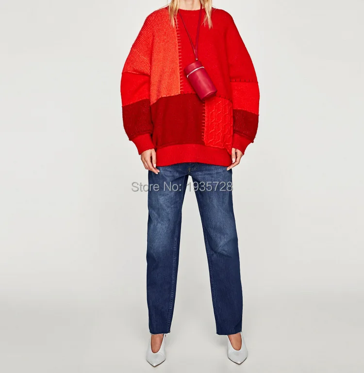 Wishbop F/W в красном с круглым вырезом, с длинными рукавами, большой лоскутный вязаный свитер с круглым вырезом