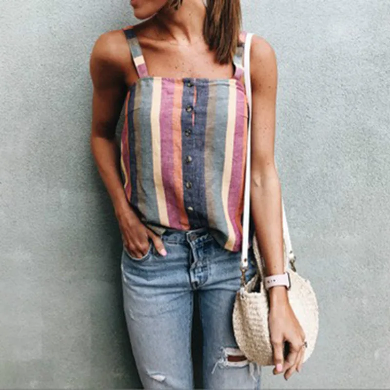 

2018 New Women Summer Fashion Striped Strap Button Top Camis Women Casual Slash Neck Backless Loose Top Sexy Camis