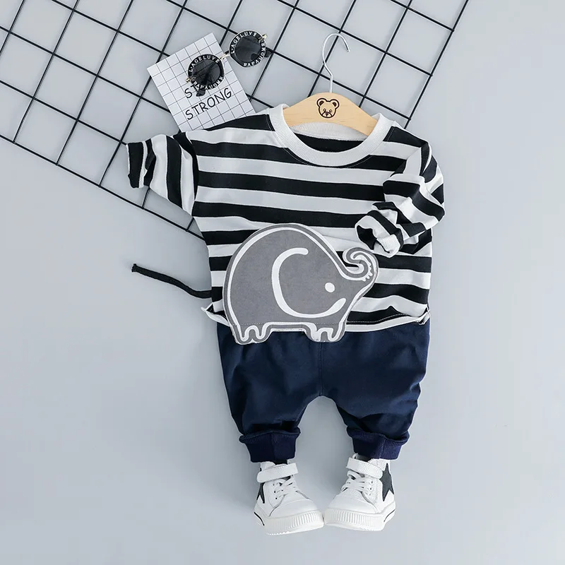 

2019 Spring Children Set Boys clothes Baby boy long sleeve casual striped autumn cartoon elephant T-shirt + pants Set