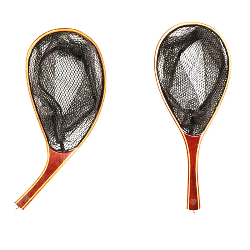 

wooden landing net with retention rope fly fishing gool stream angler soft silicone mesh straight and oblique handle