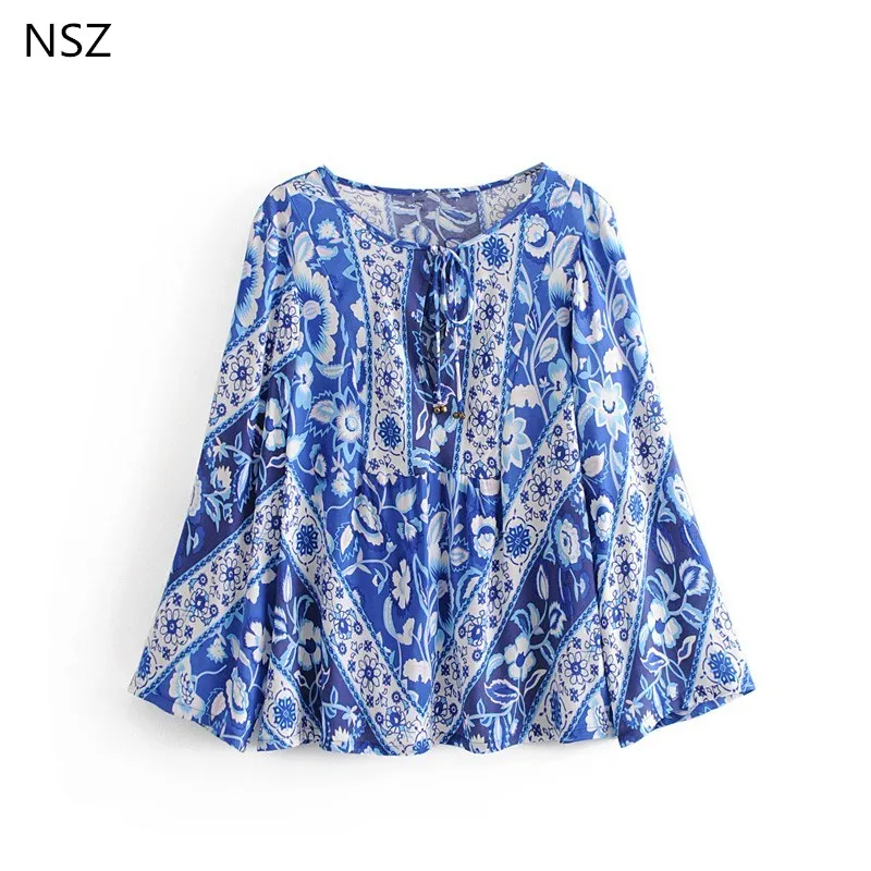 

NSZ Women Bohemia Blouse Summer Top Cotton Blue and white Porcelain Print Shirt Clothing Boho Ladies Top Blusas Tunics Camisas