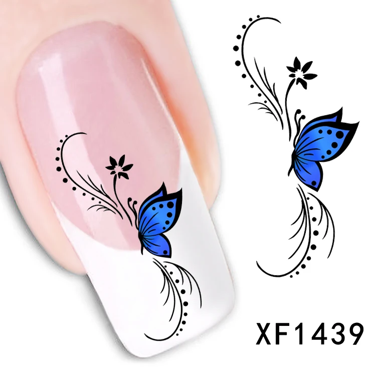 Fashion French with blue butterfly style of Design Tip Nail Art Nail