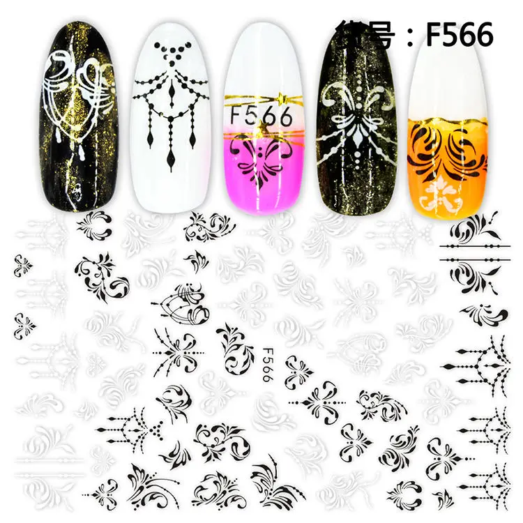 1 лист стикер s для дизайна ногтей белый черный цветок лист линейный Маникюр слайдеры 3D дизайн ногтей украшения ожерелье наклейка - Цвет: F566
