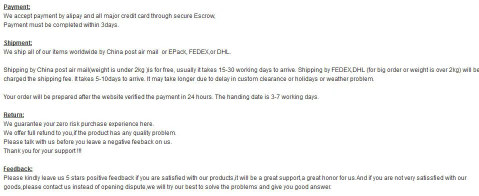 payment shipment return feedback