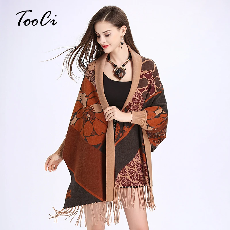 

New Fashion Autumn Women Print Tassel Knit Poncho Cardigan Female Camel Bat Sleeve Cloak Sweater Cardigan