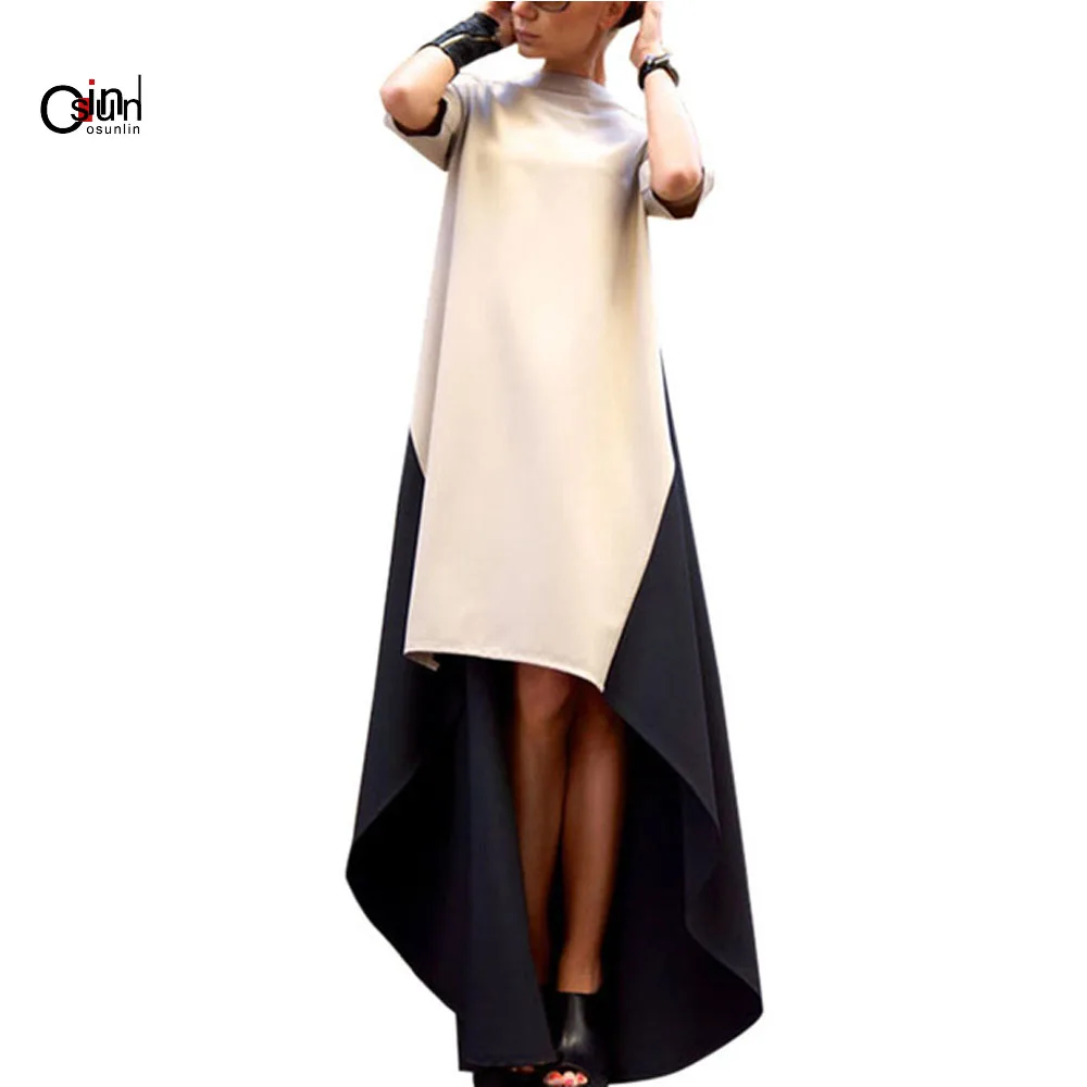 

Osunlin 2019 Women Summer Fashion Splice Color Long Dress High Collar Asymmetrical Stitching Maxi Big Swing Dress