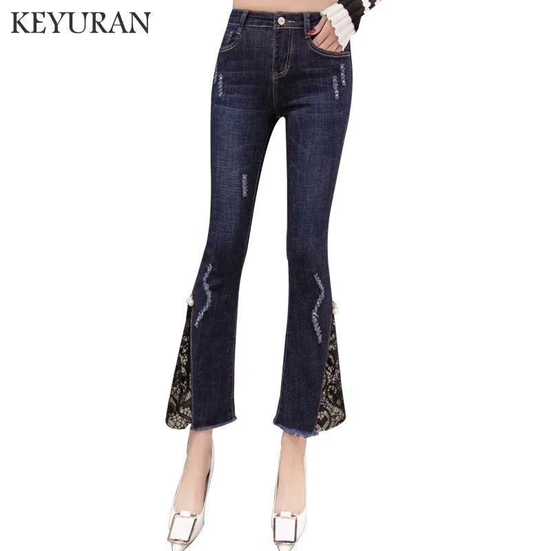 

Spring Luxury Beading Hole Ripped Mid Waist Big Flared Jeans Female Boot Cut Embroidery Lace Bell Bottom Jeans Denim Trousers