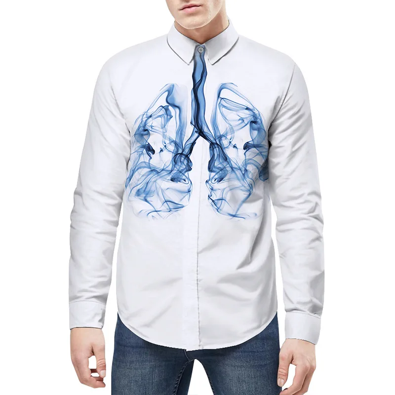 High Quality Men Shirt Long Sleeve Loose fit 3D Smoke lung Print Turn-down Collar camisas Big Size Dress Shirts