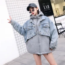 Зимнее Новое Стильное бархатное женское Свободное длинное платье с длинными рукавами из овечьей шерсти с капюшоном, джинсовое стеганое поддельное пальто, куртки, пальто