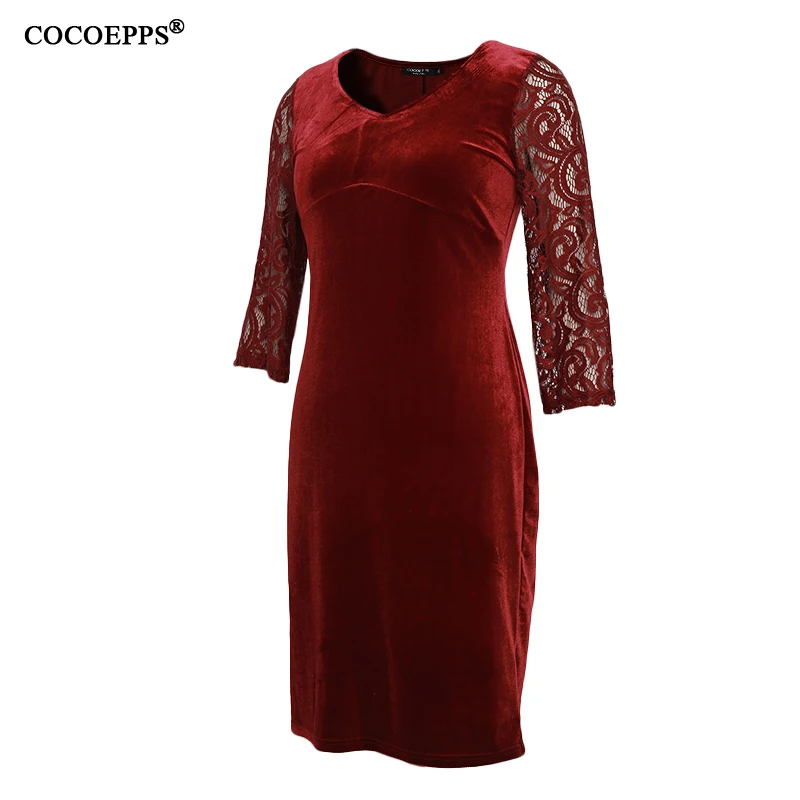 COCOEPPS Large Size Thicken lace Autumn Winter Women Velvet Dress L-6XL Female Clothing Plus Size Red Tunic Dress Vestidos