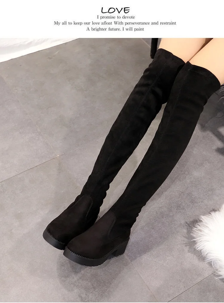 Vangull/женские зимние высокие сапоги; теплые плюшевые ботфорты на толстом каблуке; женская обувь на высоком каблуке; женская замшевая обувь с круглым носком
