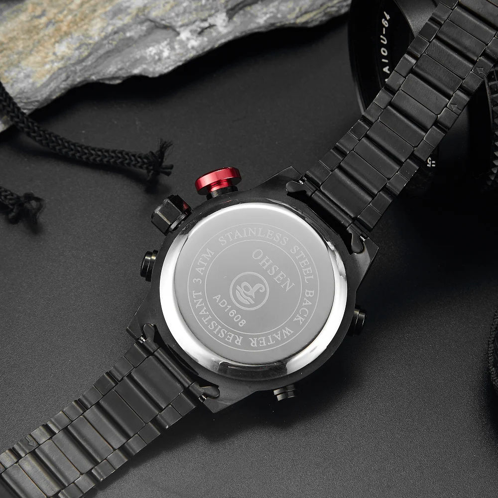 OHSEN Цифровые кварцевые мужские модные наручные часы черный полный стальной ремешок 30 м водосветодио дный стойкий светодиодный военный спортивные часы Reloj Masculino подарок