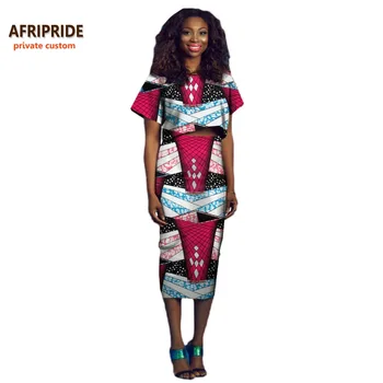 

2018 hot sell women casual suit AFRIPRIDE Private Custom short sleeve top+ mid-calf length pencil skirt pure wax cotton A722625