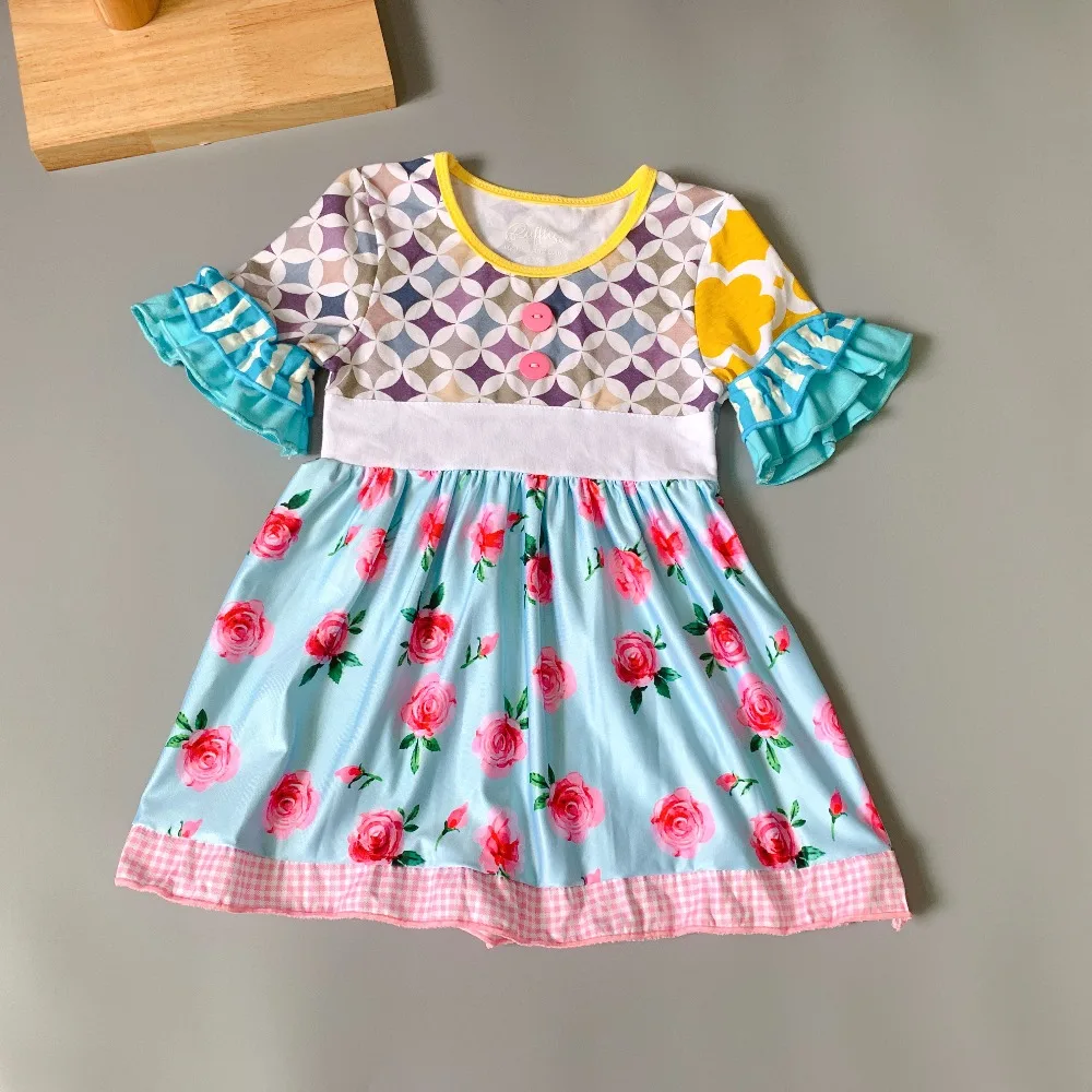 Pink flower princess dress geometry Ruffle Baby Girls Flare Sleeve Dress for present