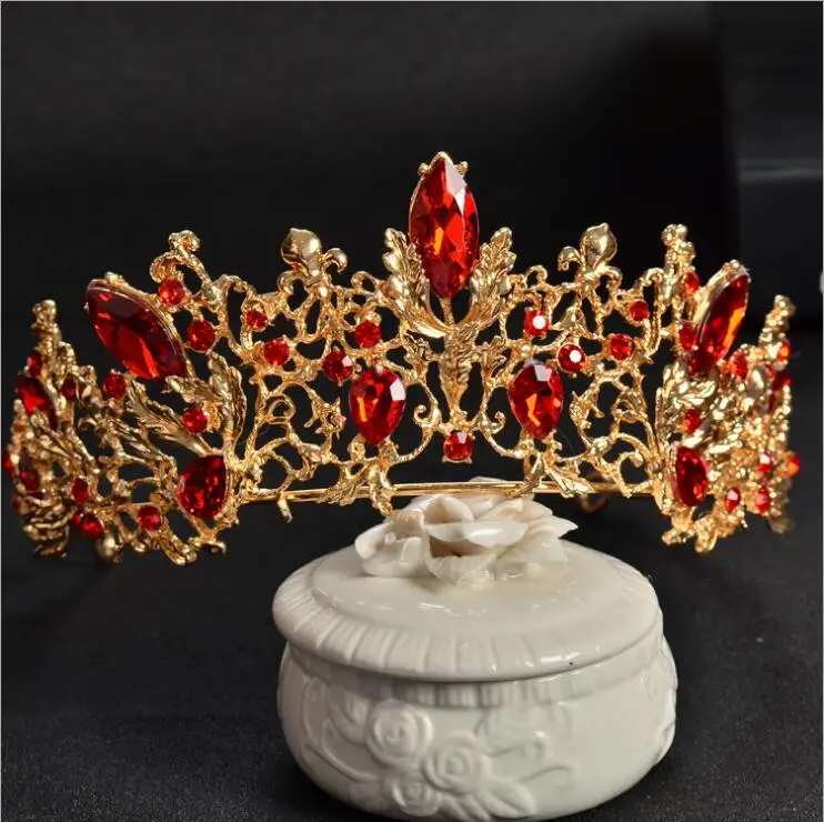 Барокко золото Винтаж красный кристалл свадебные диадемы аксессуары для волос серебряные стразы торжественный Выпускной корона для невесты повязки на голову