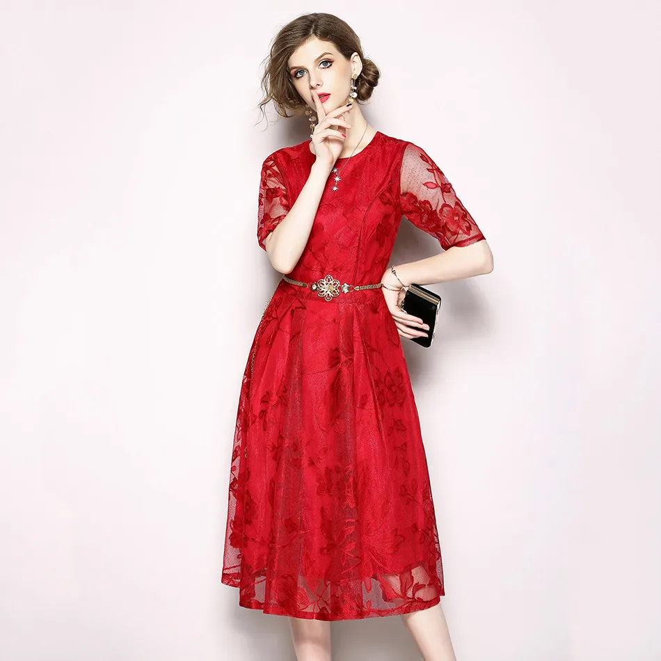 2018 High Quality Women Fashion Summer Dress Red Black Lace Dress Women