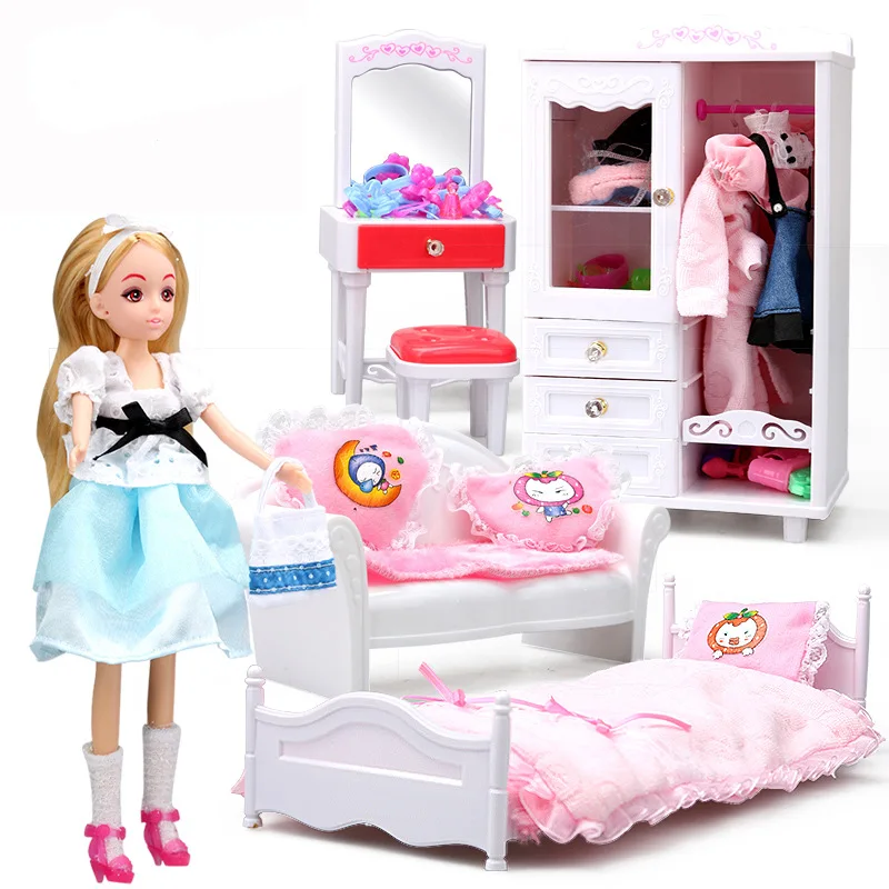 

5-in-1 Super Miniature Bedroom Furniture Combination Dollhouse Toy include Doll Wardrobe Dressing-table Sofa and Bed for Barbie