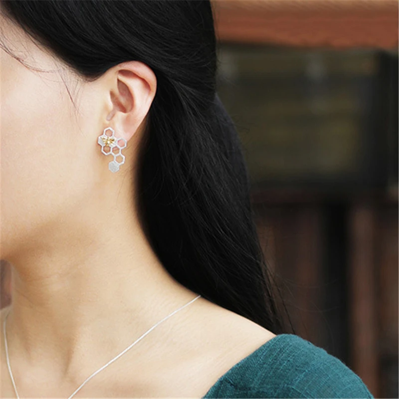 Lotus Fun Real 925 Sterling Silver Earring Natural Creative Handmade Fine Jewelry Honeycomb Home Guard Dangle Earrings for Women