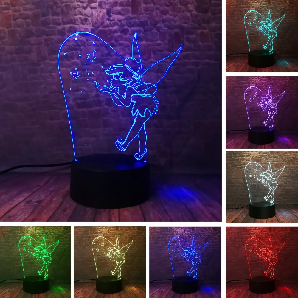 

Princess Tinker Bell Figurines 3D Illusion Led 7 Colors Changing Nightlight Fairies Thinkerbell Anime Figure Girls Toys Party