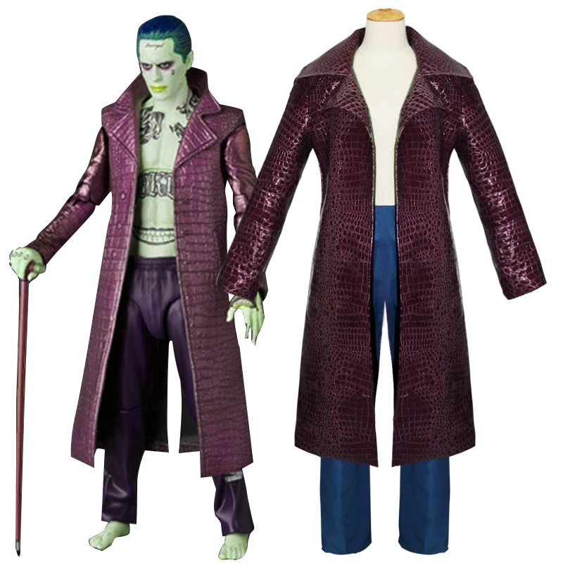 Джаред Лето Джокер косплей костюм Бэтмен отряд самоубийц Хэллоуин костюмы для мужчин взрослых искусственная кожа тренчи мужские пальто и куртки