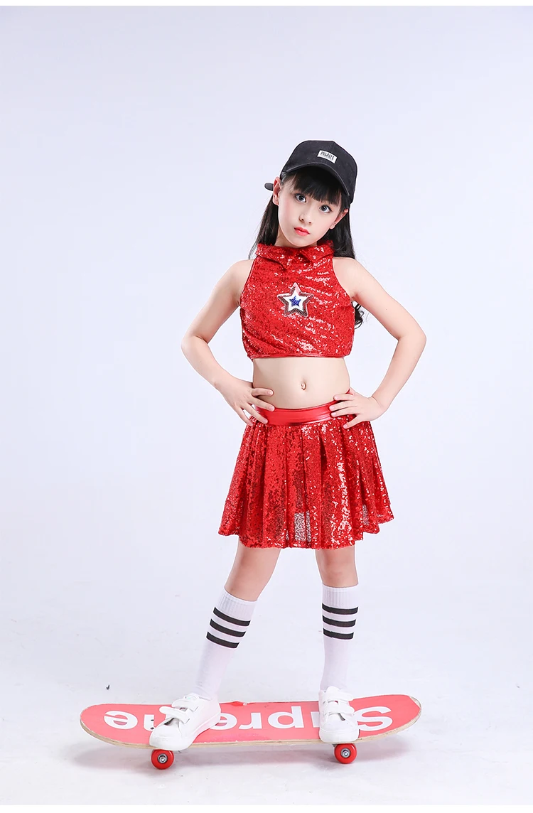 Современная Танцевальная юбка для девочек, платье для джаза, костюм Болельщицы, гофрированная юбка с блестками - Цвет: Красный