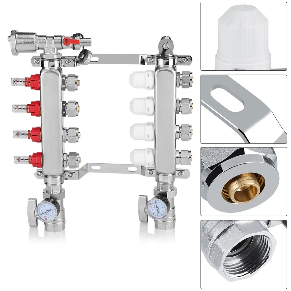 4-филиал Нержавеющая сталь напольного отопления набор коллектора регулируемый поток клапаны Система нагрева
