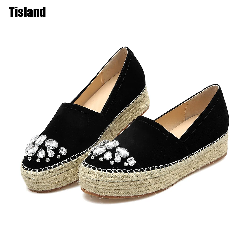

2017 Summer Woman Espadrilles Genuine Leather Platform Shoes Woman Slip On Platform Women Flats Rhinestones Loafers Women Shoes