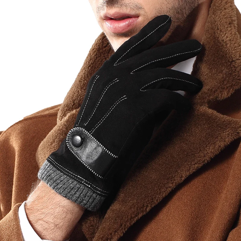 Men Genuine Leather Gloves Male Fashion Trend Autumn Winter Plush Lined Black Suede Sheepskin Touch Gloves 2019 NEW 9006