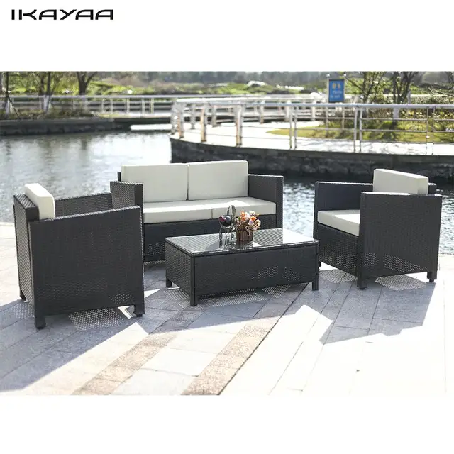 Ikayaa 4pcs Cushioned Rattan Garden Furniture Set Sofa Couch Ikayaa 4pcs Cushioned Rattan Garden Furniture Set Sofa Couch Wicker Weave Loveseat 2 Pcs Single Table Fr Stock