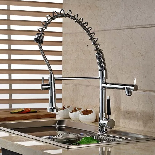 

Chrome Finished Pull Out Spring Kitchen Faucet Deck Mount Swivel Spout Vessel Sink Mixer Tap Dual Sprayer