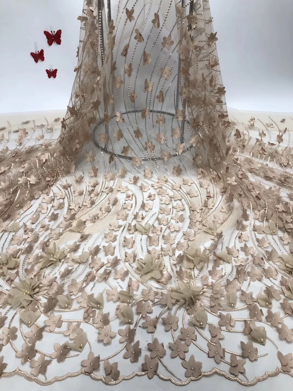 

High Quality Tulle French Fabric With 3D flower Embroidery tulle Lace Fabric For Women Dress