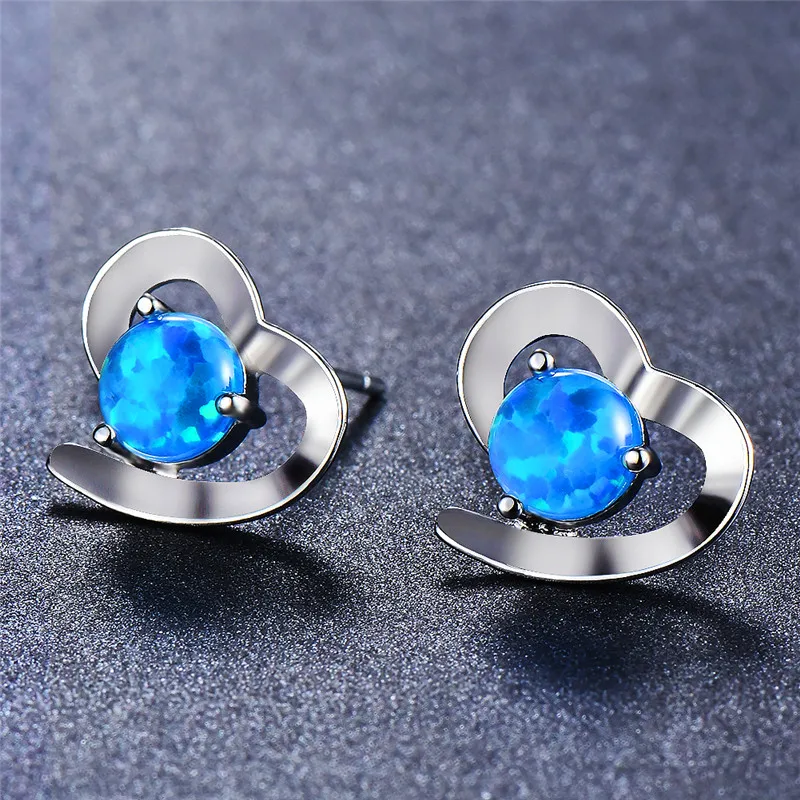 

Bamos Blue/White Fire Opal Heart Stud Earrings Small Rainbow Earrings For Women 925 Sterling Silver Filled Statement Jewelry