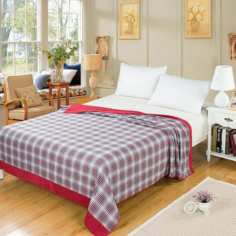 Bed Blanket Cotton Knitted Plaid Pattern Red Grey Colors Soft
