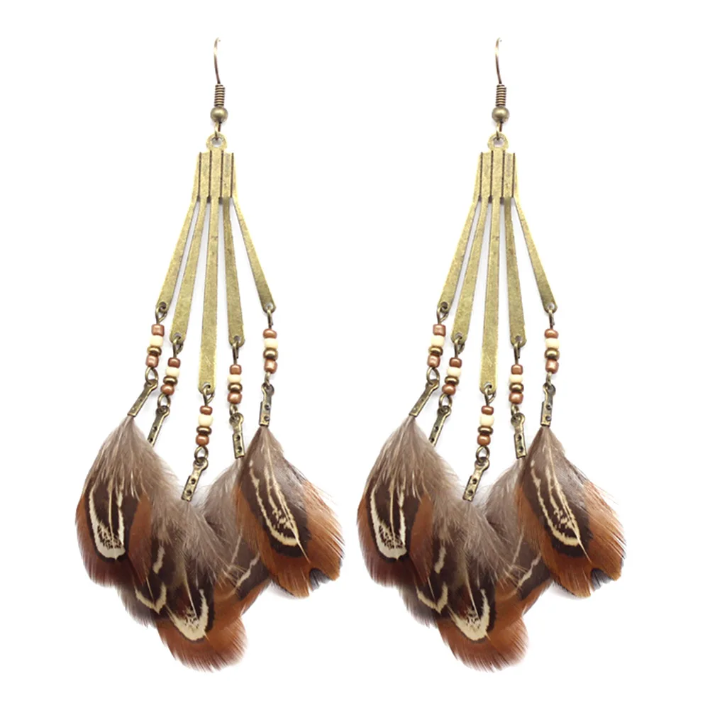 1 Pair Beige Feather Tassel Beaded Long Drop Earrings for Women Vintage