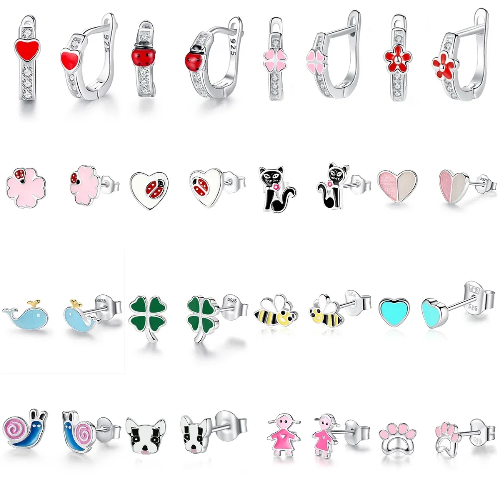 

FOREWE Lovely Flower Clover Heart Cat Dog Animal 925 Sterling Silver Stud Earrings Enamel Crystal Earrings for Girls Children