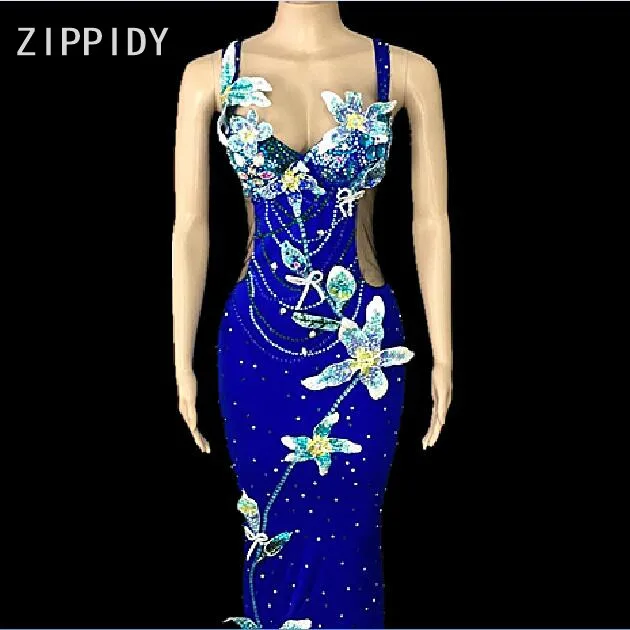 

New Flowers Stones Stretch Blue Dress Women's Birthday Celebrate Dance Outfit Female Singer Show Dress Sexy Appliques Long Dress