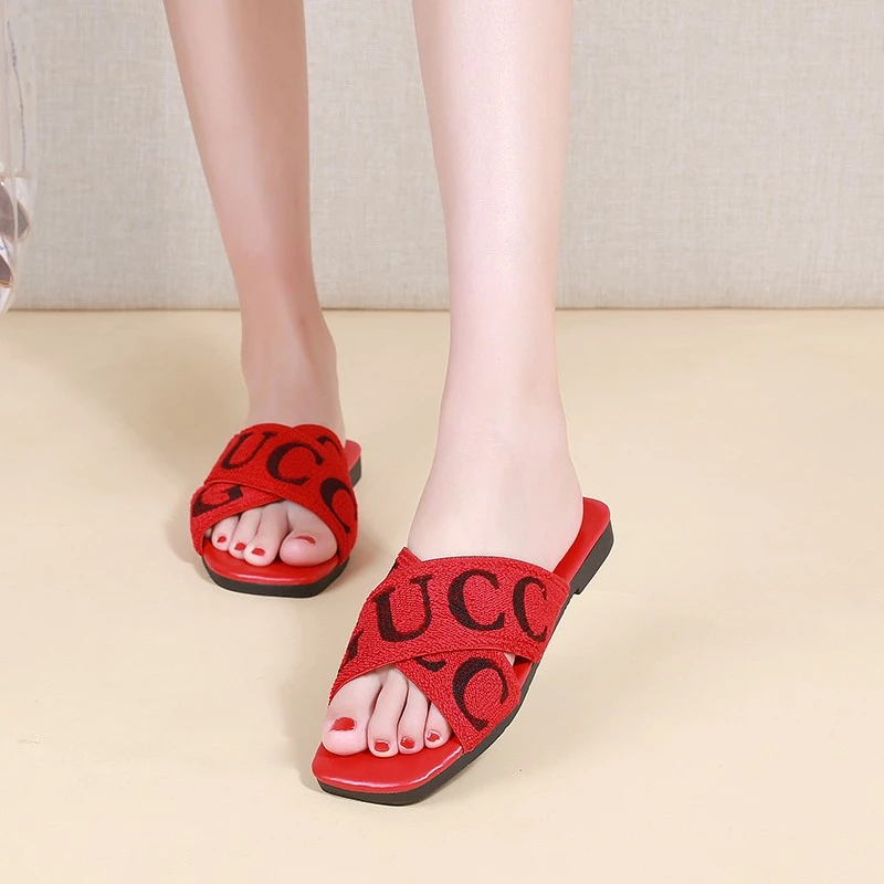 

Xllcwc Luxury Brand Designers Letter Logo Women Slippers Flat Heel Red White Black Summer Beach Sandals Shoes Slides Size 40
