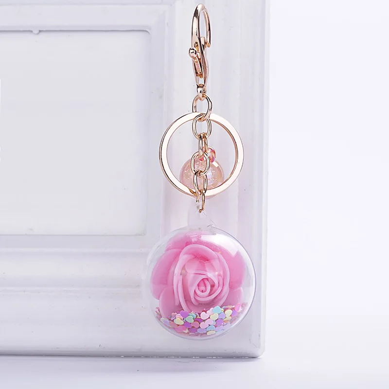 New Fashion Sequins Glitter Rose Keychain Pendant Transparent Plastic Eternal Flower Key Chain Women Car Handbag Keyring