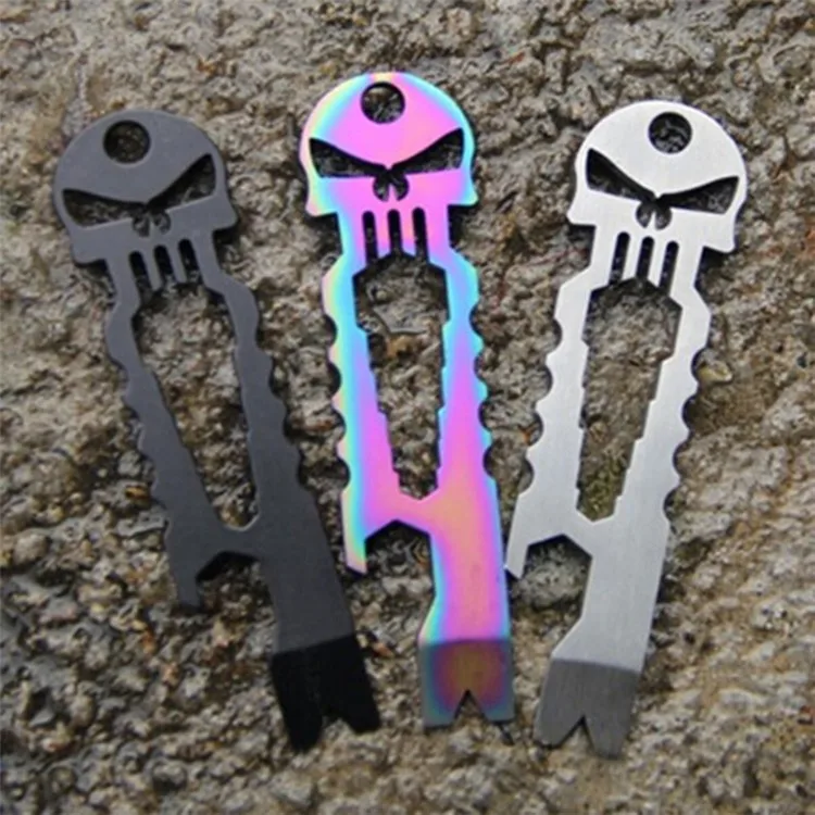 Mini multifunction repair tool screwdriver crowbar skull titanium stainless steel bar pry screwdriver keychain beer opener7