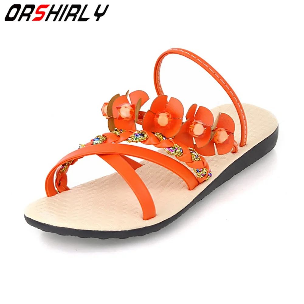 

Orshirly New Summer Women Sandals Shoes Flower Flat Sandals Plus Size 35-43 Gladiator Sandalias Slip on Beach shoes