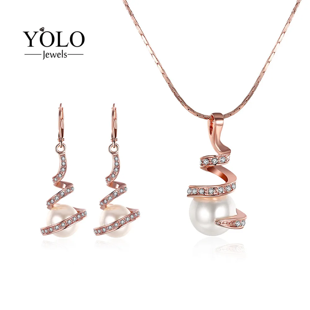 

Rose Gold Color Pearl Elegant Jewelry Set for Women with Shiny Pearls Water Shape Necklace Elegant Drop Earrings Wedding Jewelry