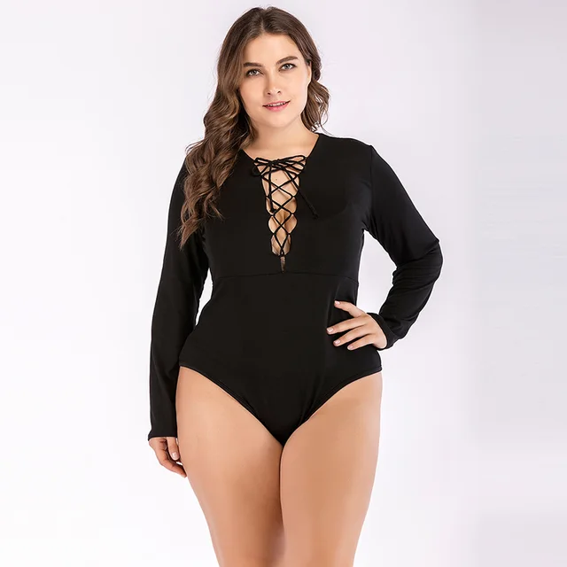 Plus Size Sexy Women Solid Color Bodysuit Front Lace Up V Neck Long