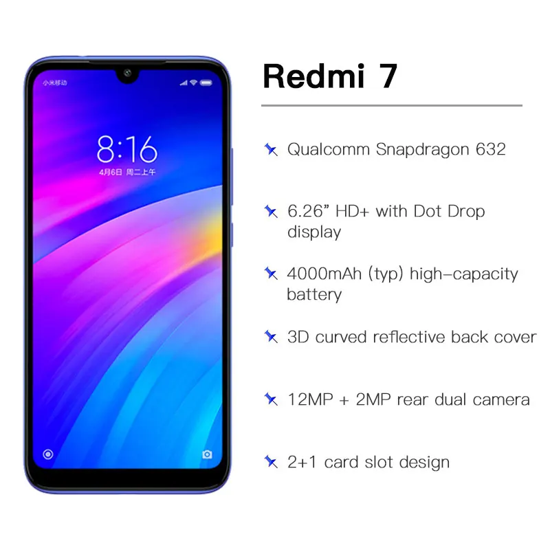 Смартфон Xiaomi Redmi 7 с глобальной ПЗУ, 4 ГБ, 64 ГБ, 4000 мА/ч, четыре ядра, Snapdragon 632, 12 МП камера, 6,26 дюймов, 19:9, полный экран