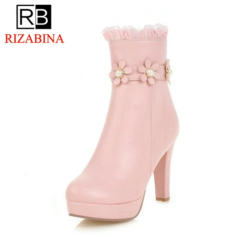 RizaBina плюс Размеры 32-48 Офисные женские туфли сапоги на высоком каблуке Цветок