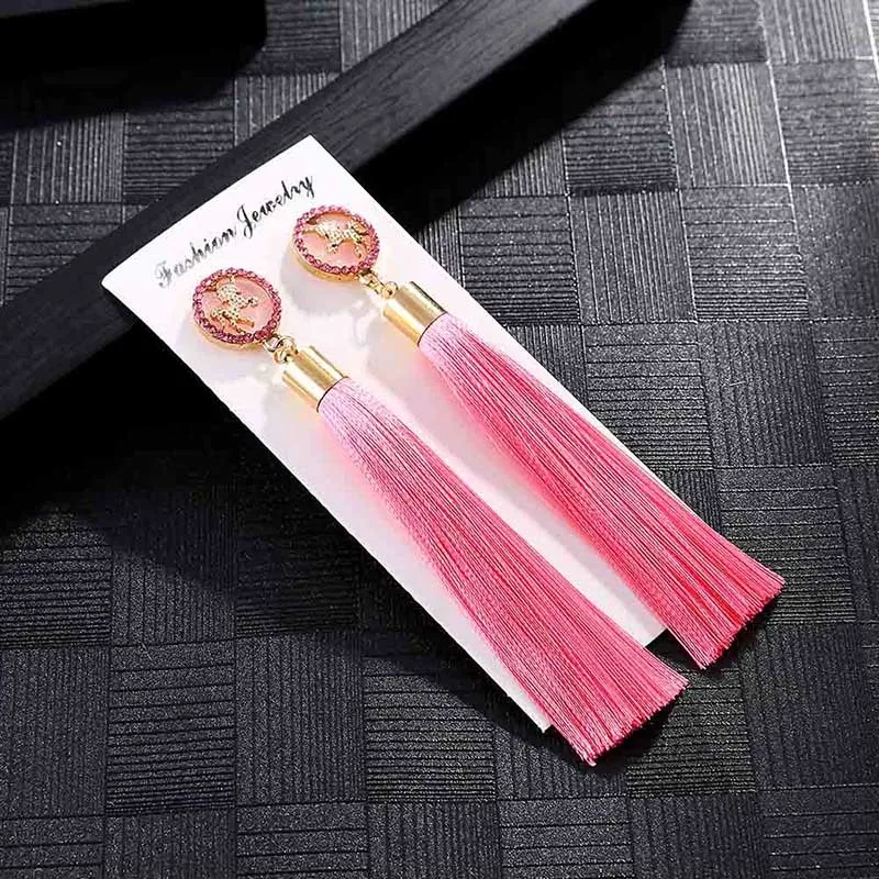 E6071 Trendy Drop Earrings WomenLongBohemianBlueSilkBalckDangleMetalBohoGold Tassel Earrings 2018 Jewelry