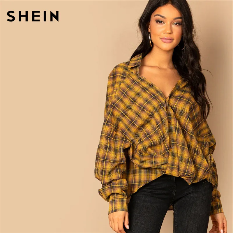SHEIN Рубашка В Клетку С Заниженной Линией Плеч Блузка Свободного Кроя Длинным