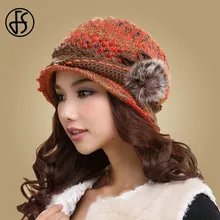 FS элегантная женская зимняя шапка с помпоном, шерстяные шапочки для дам, теплая шапка Skullies, утолщенные двухслойные теплые вязаные шапки