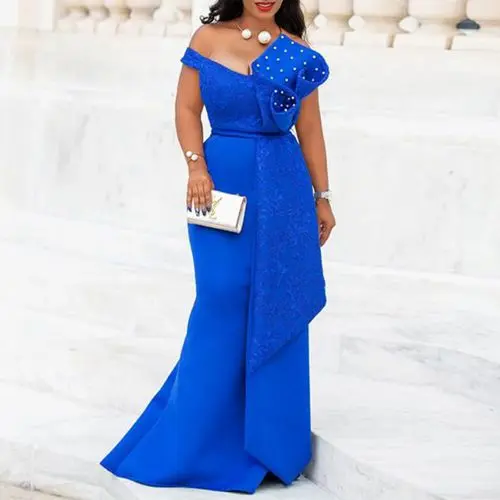 Женское длинное платье, сексуальное платье с бусинами, с открытыми плечами, модный халат, вечернее платье для выпускного вечера, элегантное платье, африканские Макси платья - Цвет: Тёмно-синий