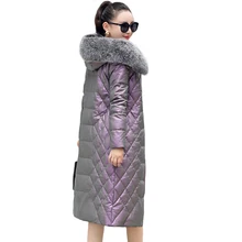 Женский пуховик из натуральной кожи, зимняя, средней длины, большой размер, теплая, овчина, пальто, темперамент, тонкий, белый, утиный пух, куртка FC38